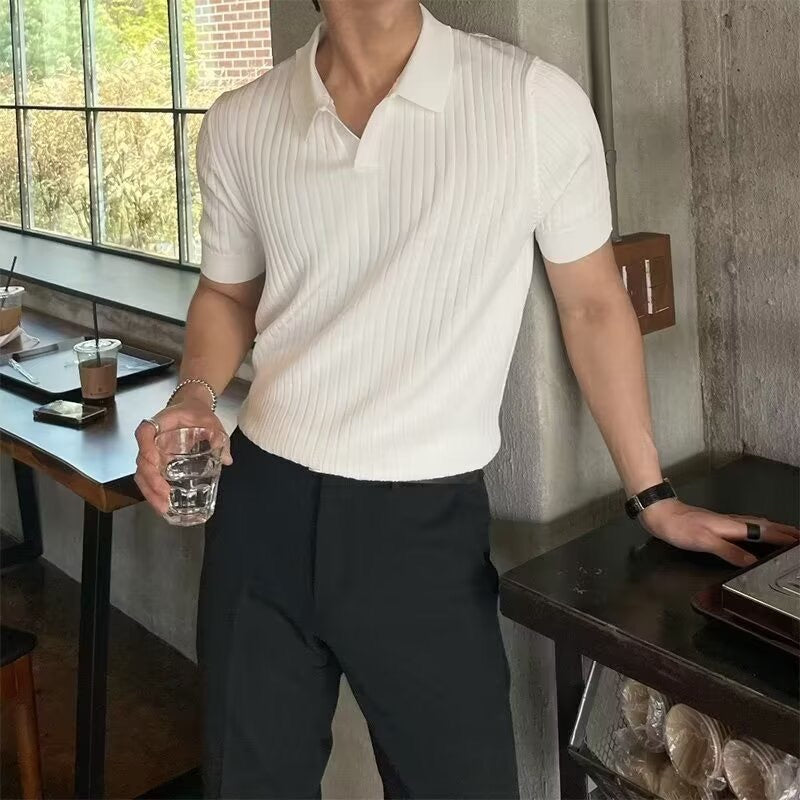 Ribbed knit polo shirt with short sleeves and spread collar
