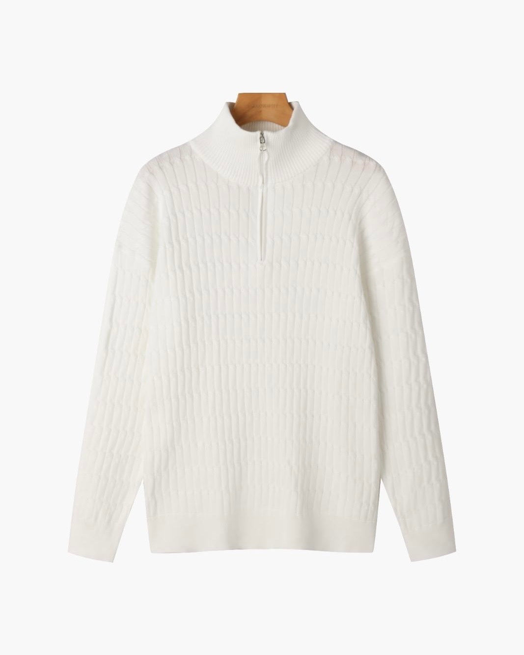 Half zip ribbed sweater in cream and black with crew neckline and long sleeves