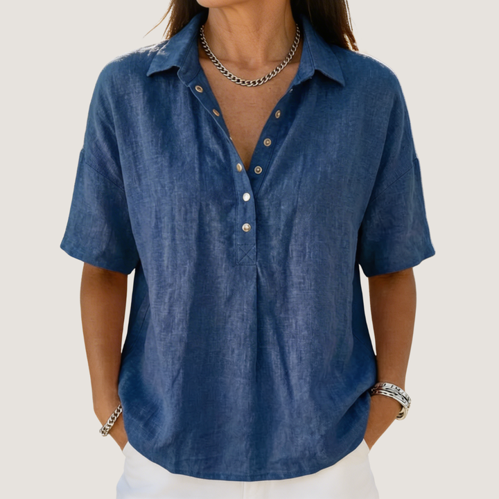 Women's button-up collar shirt in khaki with short sleeves