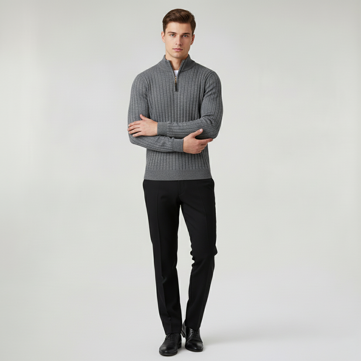Ribbed high-collar half-zip sweater with long sleeves