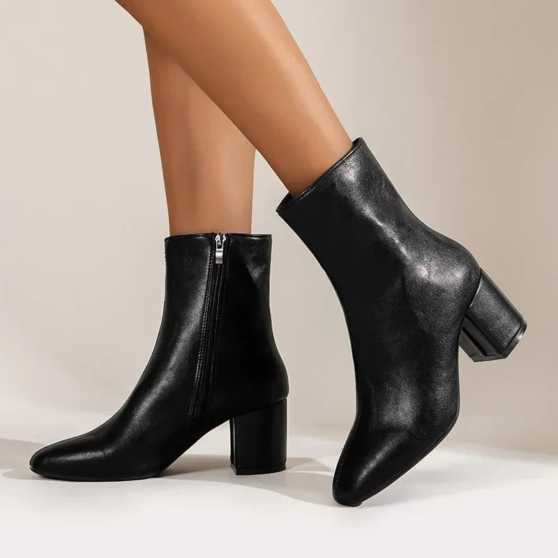 Women's glossy ankle boots with square toe and block heel