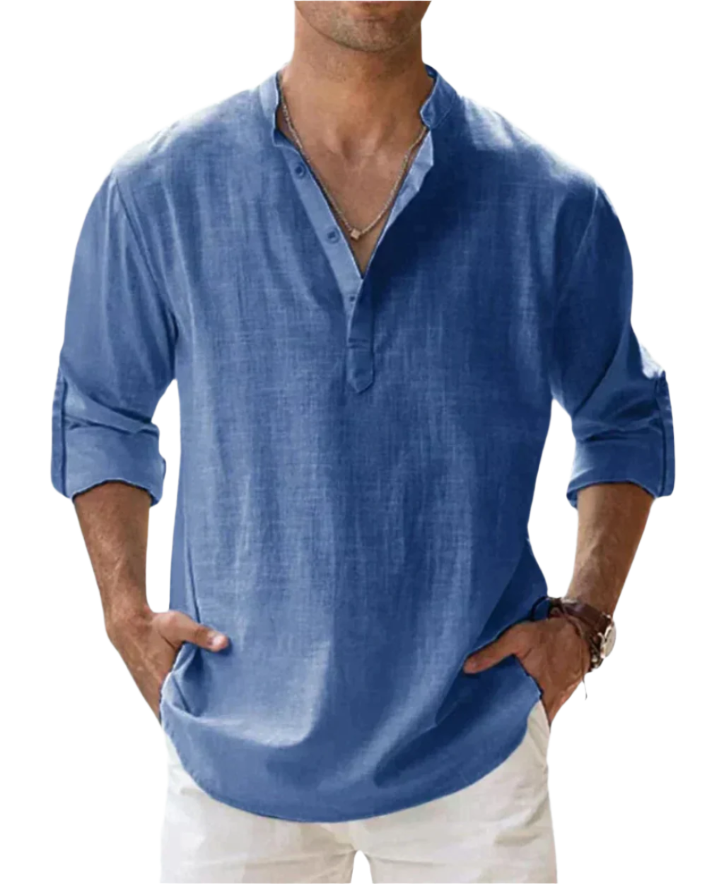 Men's solid long sleeve shirt with open collar and rolled sleeves