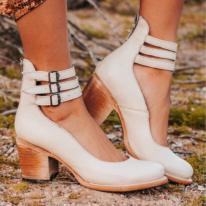 Women's ankle boots with three buckle straps and stacked block heels