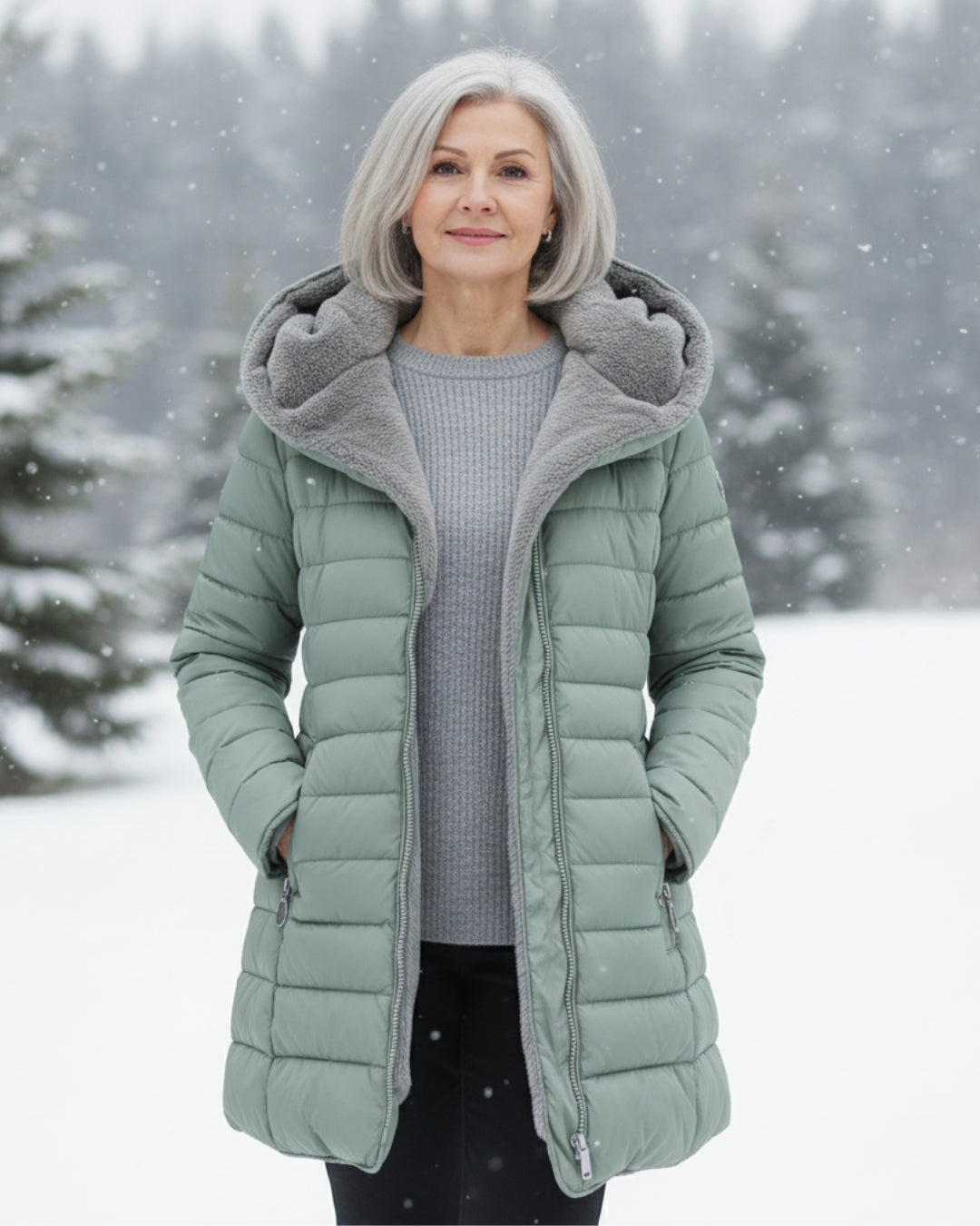 Women's long quilted puffer coat with hood and full front zipper