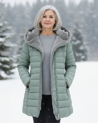 Women's long quilted puffer coat with hood and full front zipper