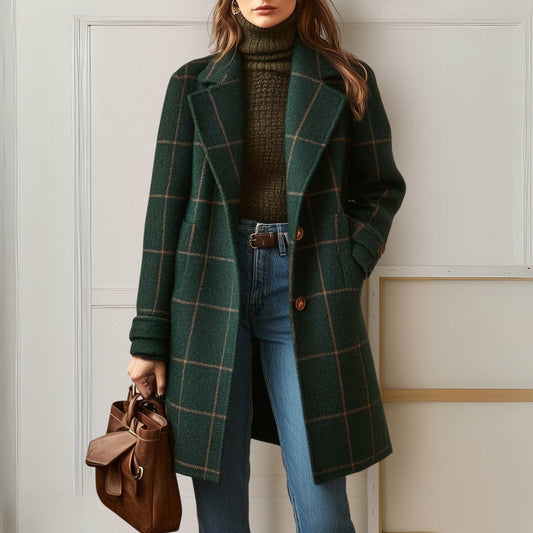 Women's long checked coat with notched lapels and button front