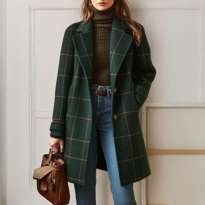 Women's long checked coat with notched lapels and button front