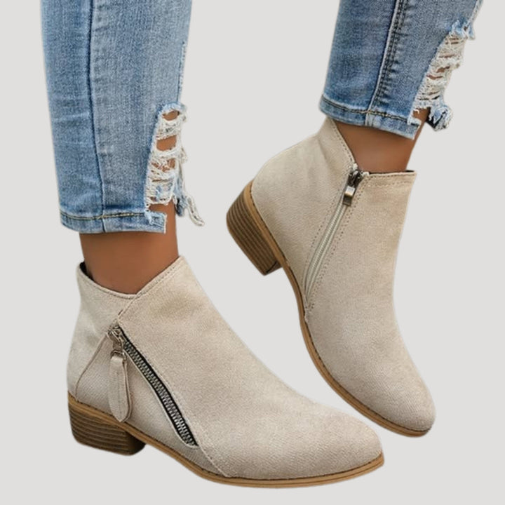 Women's ankle boots with side zippers and low block heels