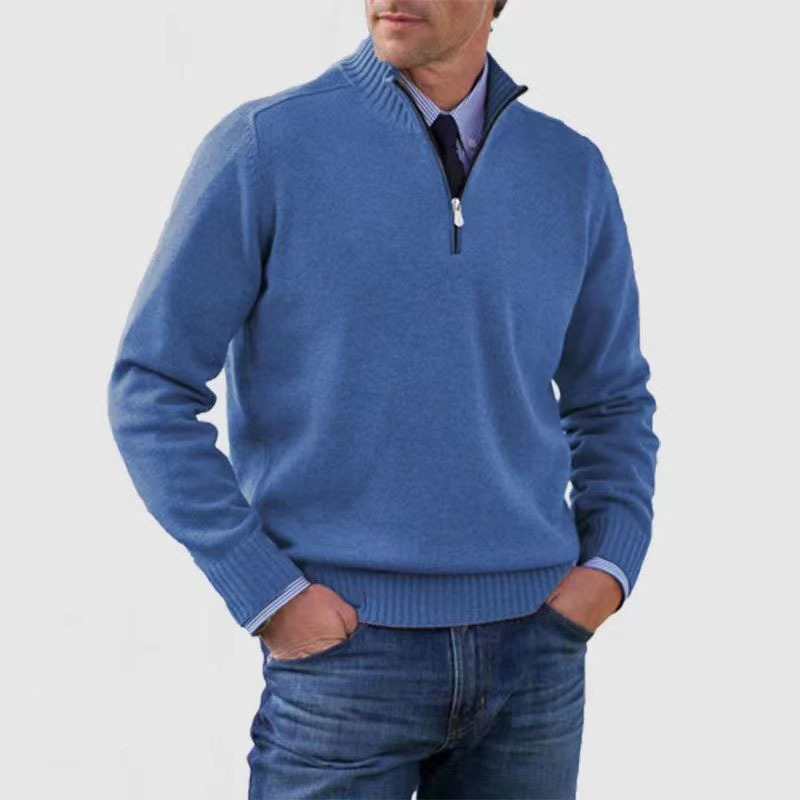 Men's half-zip mock neck sweater with long sleeves and ribbed trims