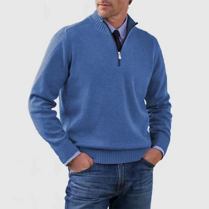 Men's half-zip mock neck sweater with long sleeves and ribbed trims