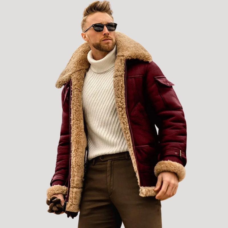 Men's pilot jacket with shearling-style collar, long sleeves and zip front