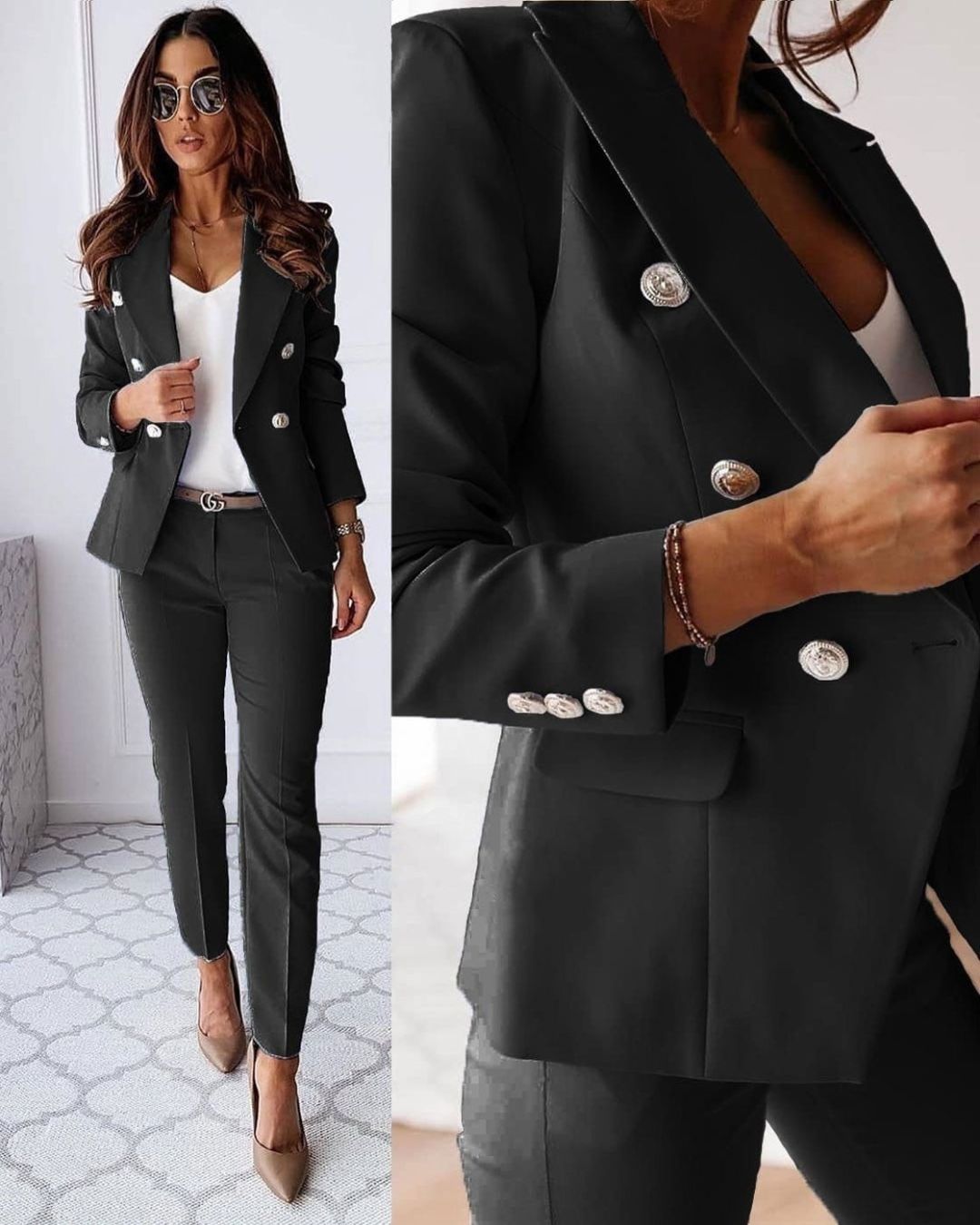 Women's double-breasted trouser suit with tailored blazer, lapels and matching ankle-length trousers
