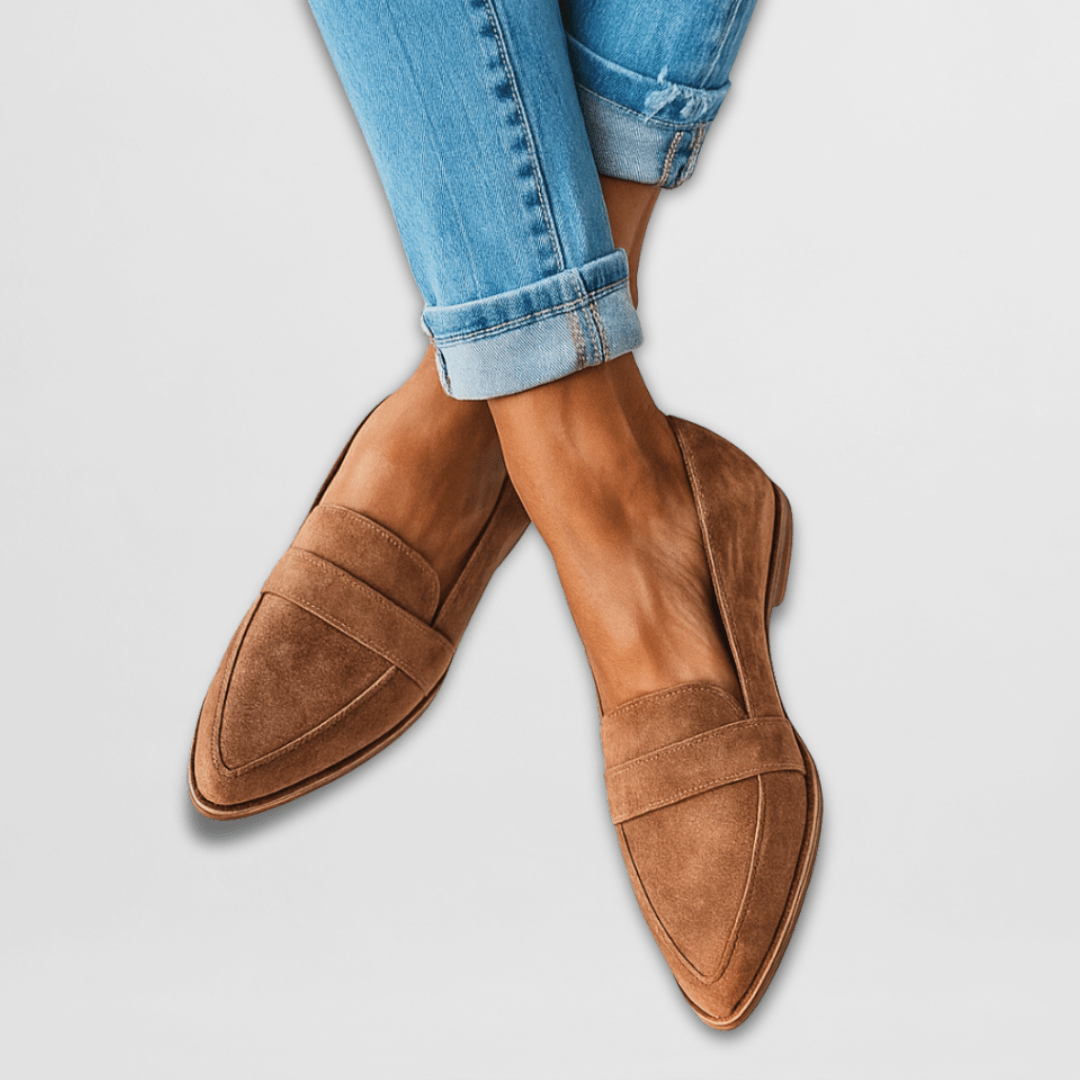 Women's pointed penny loafers with low heels and slip-on styling