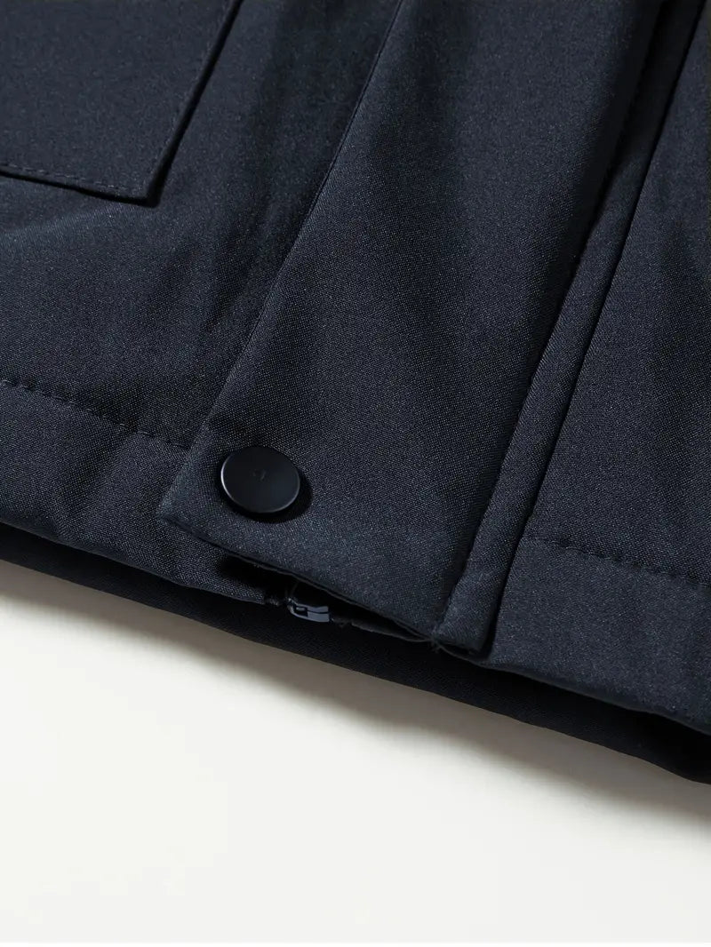 Men's hooded parka jacket with zip front, utility pockets and fleece-textured lining