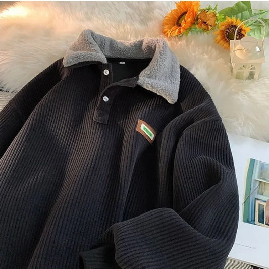 Men's ribbed polo jumper with contrasting fleece collar and long sleeves