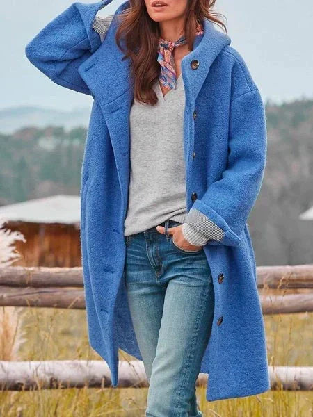 Women's hooded long coat with button front and side pockets