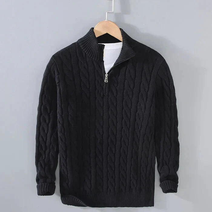 Men's cable knit quarter-zip sweater with mock neck and long sleeves