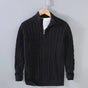 Men's cable knit quarter-zip sweater with mock neck and long sleeves
