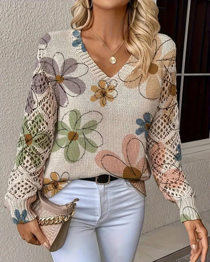 Women's floral open-knit V-neck sweater with long sleeves