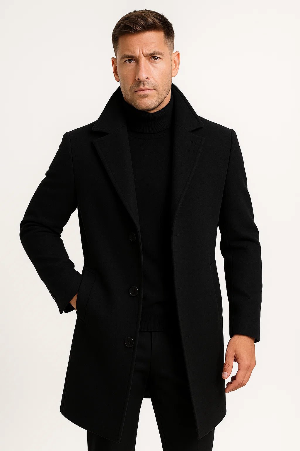 Men's long trench coat with notched lapels, button front and side pockets