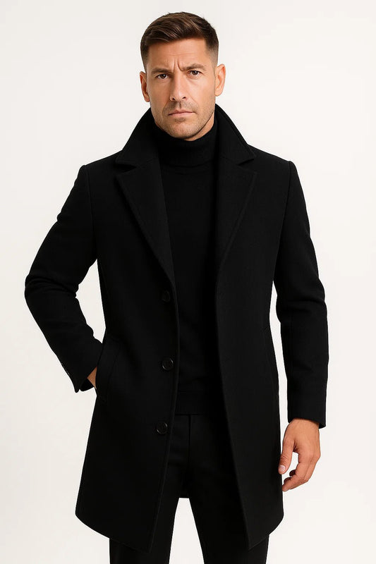Men's long trench coat with notched lapels, button front and side pockets