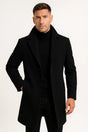 Men's long trench coat with notched lapels, button front and side pockets
