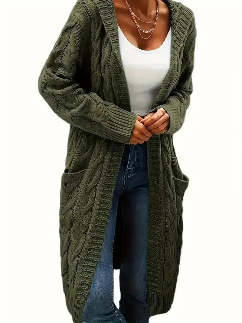 Women's longline textured open cardigan with long sleeves and side pockets