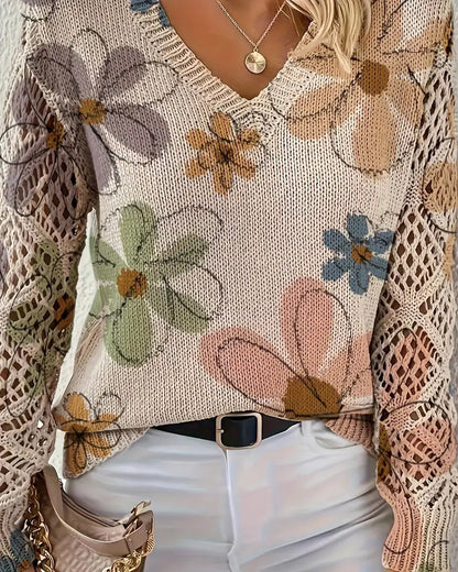 Women's floral open-knit V-neck sweater with long sleeves