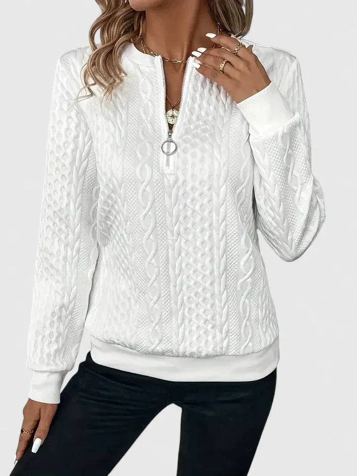 Women's textured cable knit sweater with zip neckline and ribbed trims
