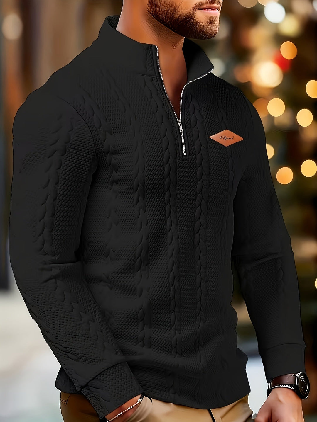Men's textured cable knit quarter-zip sweater with stand collar