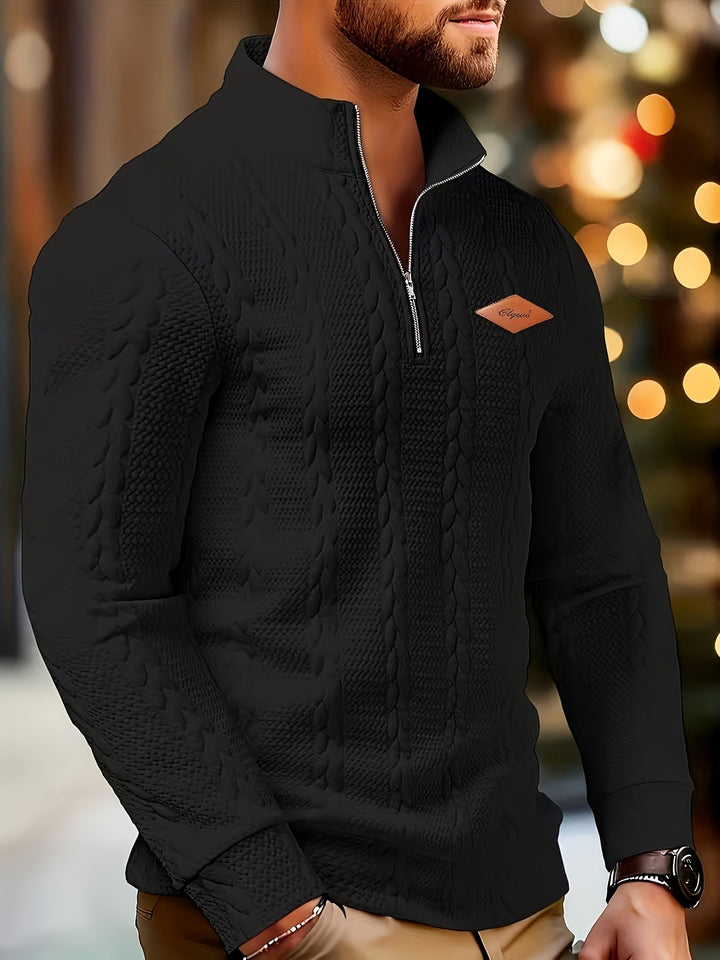 Men's textured cable knit quarter-zip sweater with stand collar