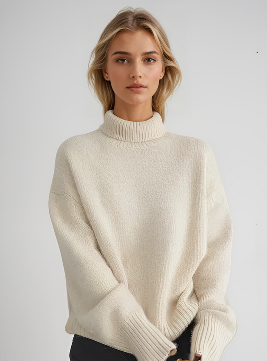 Women's relaxed turtleneck sweater with long sleeves and ribbed trims