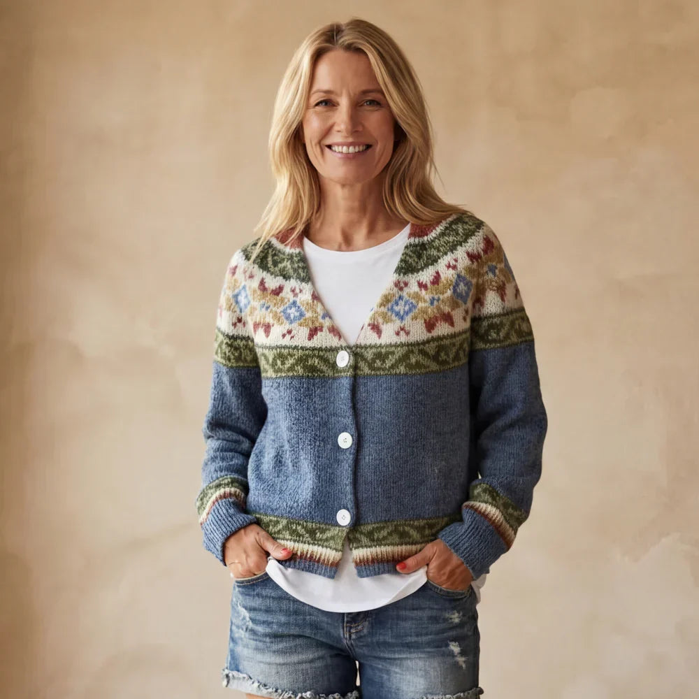 Women's short Fair Isle jacquard cardigan with V-neck and button front