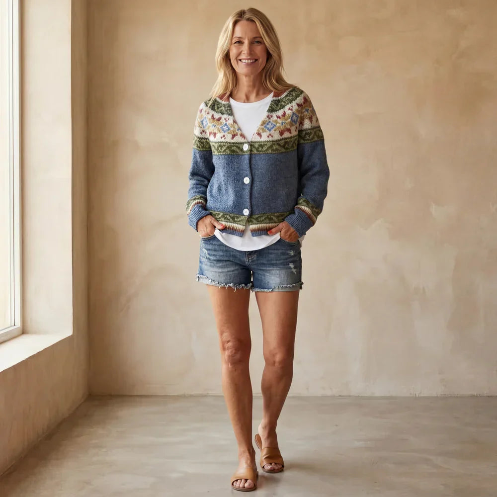Women's short Fair Isle jacquard cardigan with V-neck and button front