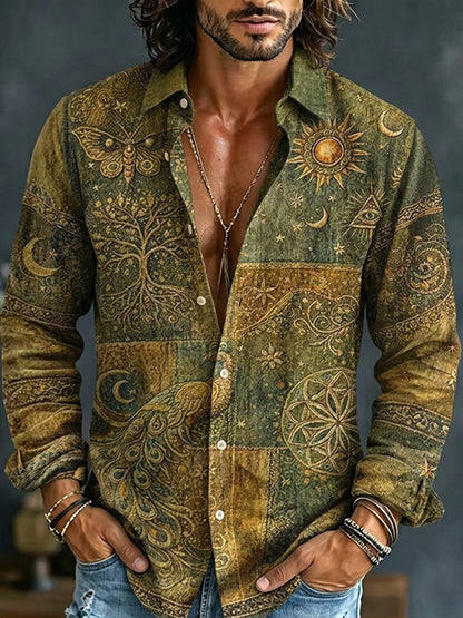 Men's long-sleeve patchwork shirt with peacock, sun, moon and paisley print