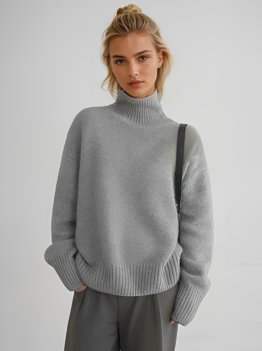 Women's relaxed turtleneck sweater with long sleeves and ribbed trims