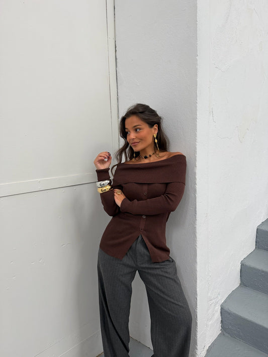 Women's brown ribbed off-shoulder button cardigan