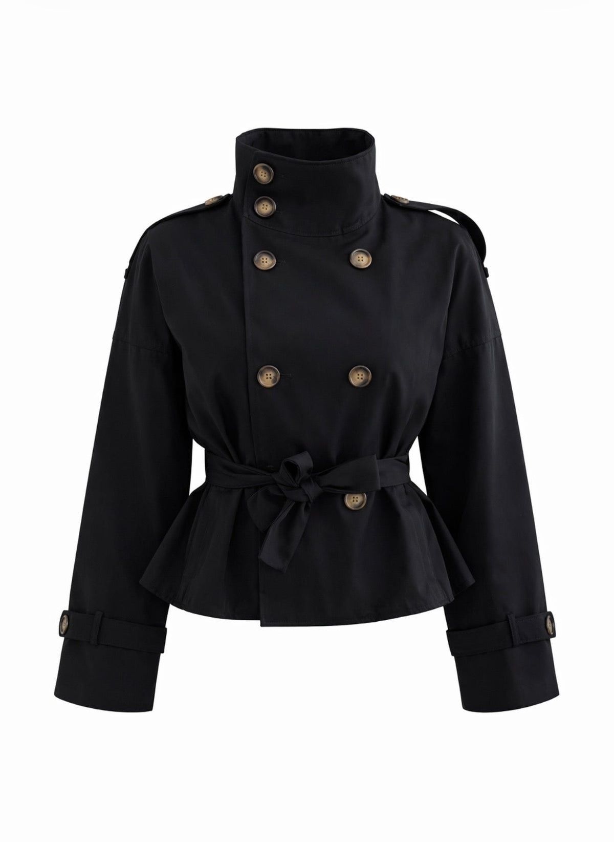 Women's black belted trench jacket with high collar and long sleeves