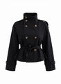 Women's black belted trench jacket with high collar and long sleeves