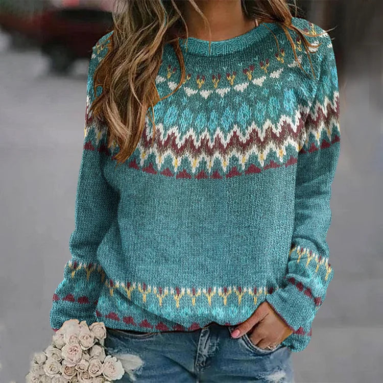 Women's teal geometric pattern crew neck sweater with long sleeves