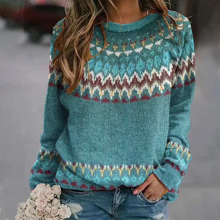 Women's teal geometric pattern crew neck sweater with long sleeves
