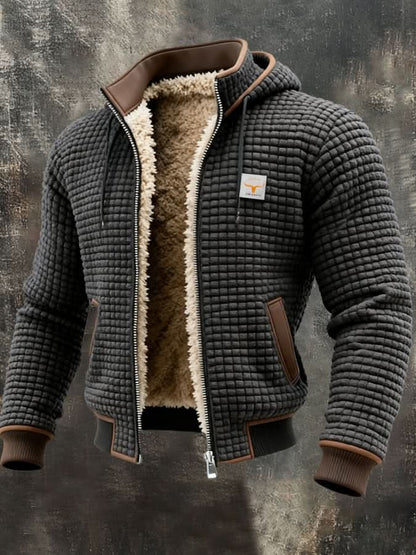 Men's quilted hooded jacket with teddy lining, zip front and ribbed trims