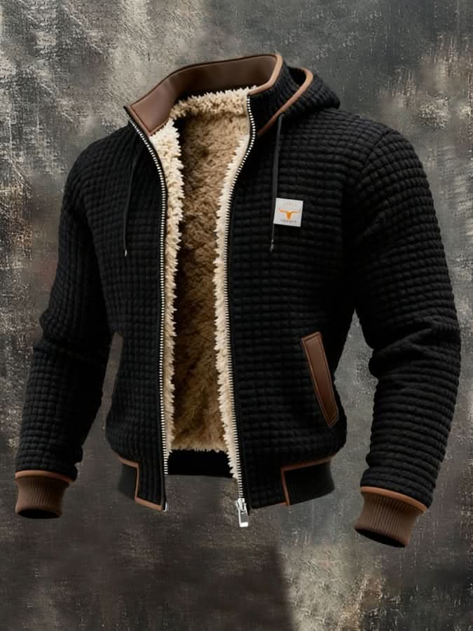 Men's quilted hooded jacket with teddy lining, zip front and ribbed trims