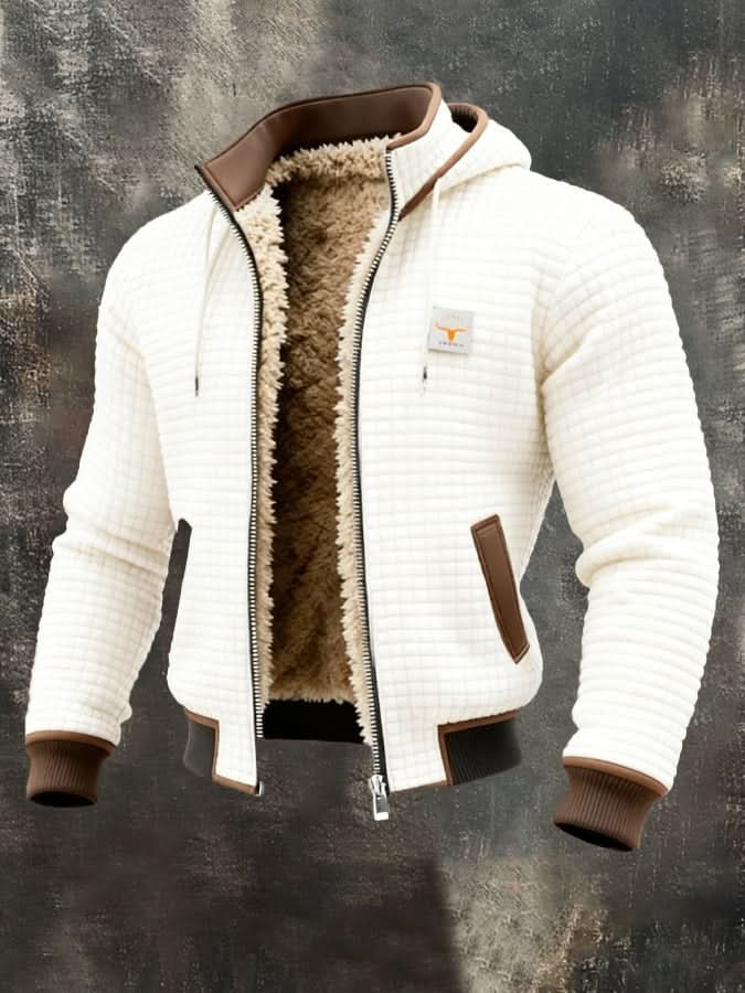 Men's quilted hooded jacket with teddy lining, zip front and ribbed trims