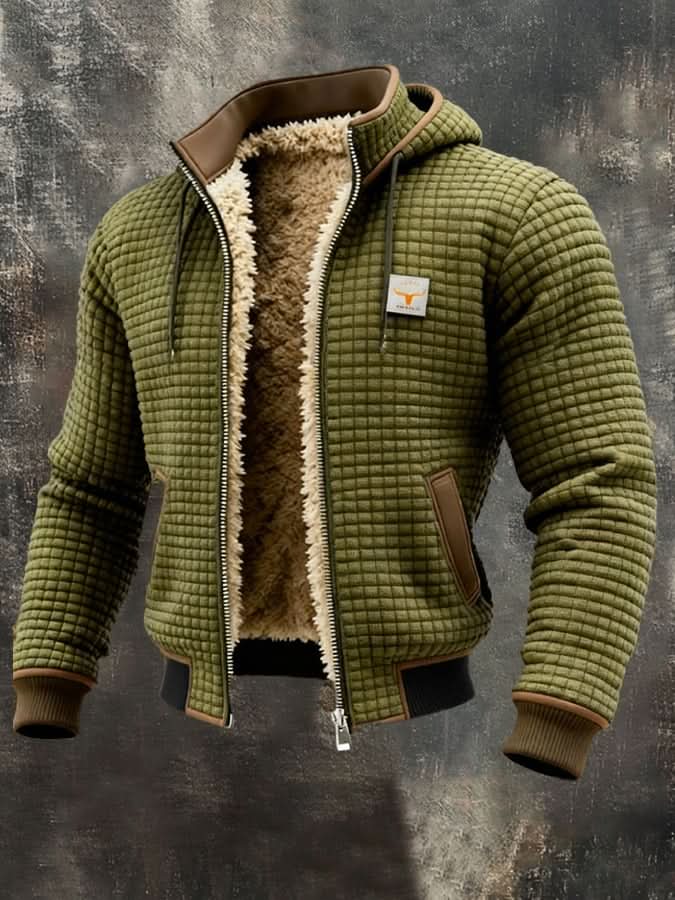 Men's quilted hooded jacket with teddy lining, zip front and ribbed trims