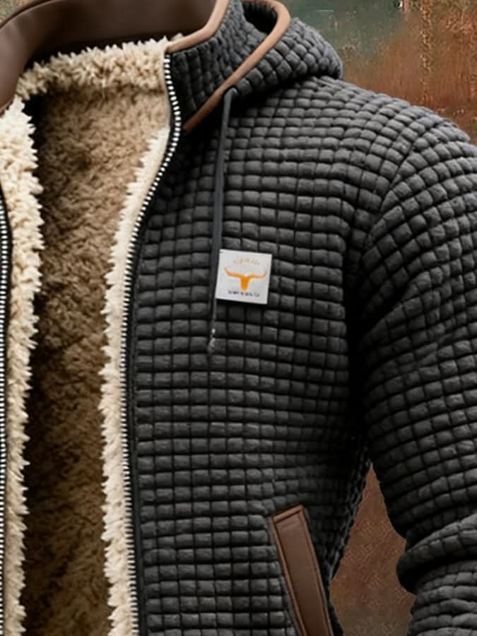 Men's quilted hooded jacket with teddy lining, zip front and ribbed trims