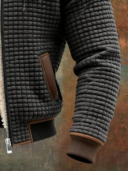 Men's quilted hooded jacket with teddy lining, zip front and ribbed trims