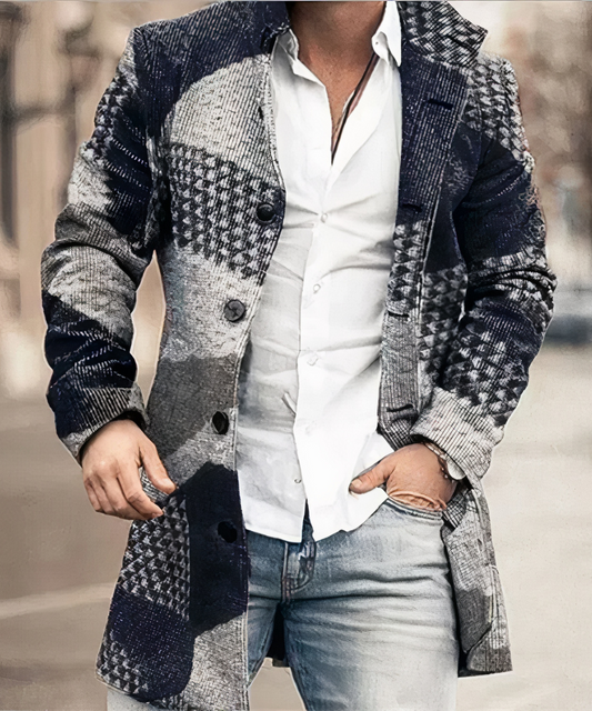 Men's long button-front trench coat with turn-down collar and side pockets
