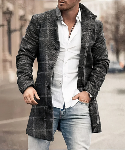 Men's long button-front trench coat with turn-down collar and side pockets