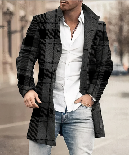 Men's long button-front trench coat with turn-down collar and side pockets